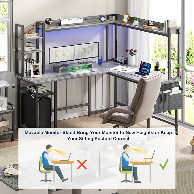 L Shaped Desk with Full Hutch and Power Hub, Corner Desk Computer Desk Office Writing Desk