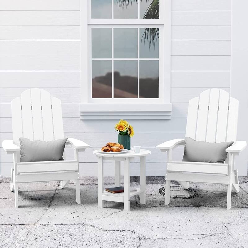 WINSOON 3-Piece All Weather HIPS Outdoor Folding Adirondack Chairs and Table Set - White
