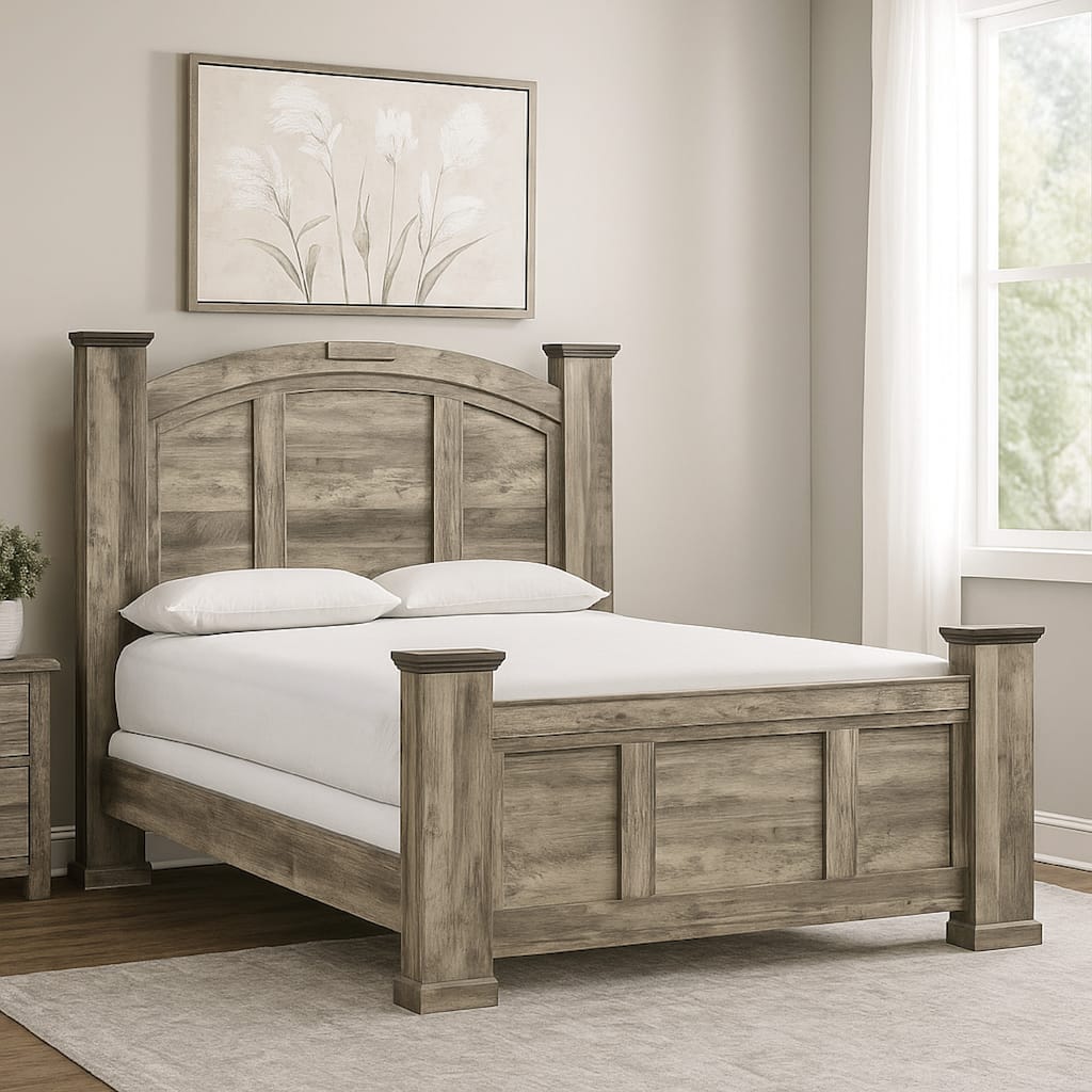 Elaya King Panel Bed, Arched Crown Headboard, Weathered Gray Wood