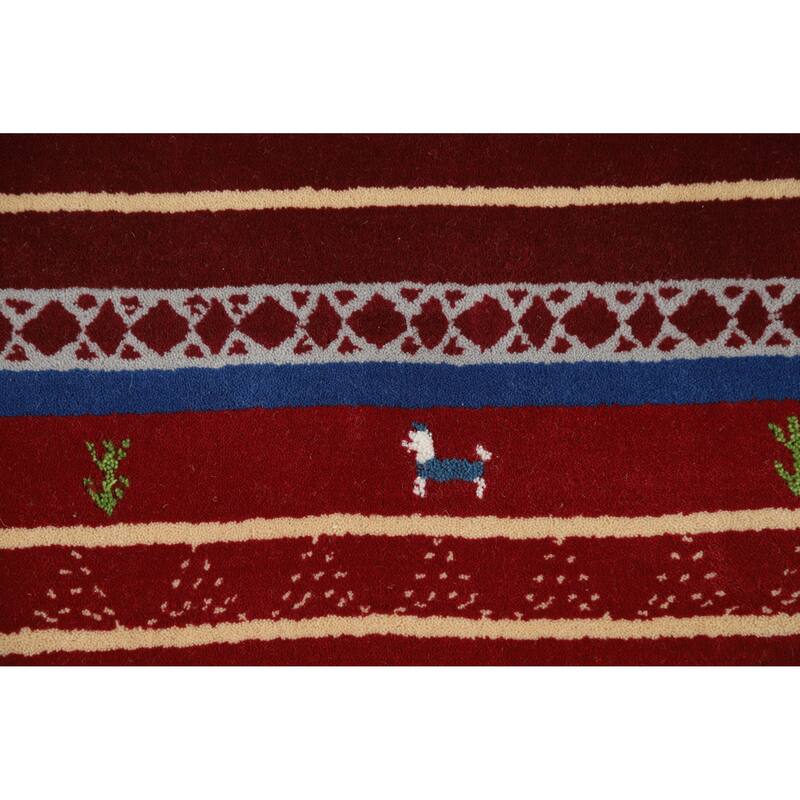 Striped Red Gabbeh Indian Runner Rug Hand-Knotted Wool Carpet - 2'7" x 7'8"
