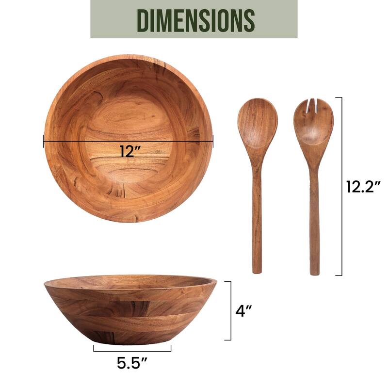 Wooden Salad Bowl Set - Food Safe & Sustainable Decorative Bowl - Wood Bowl for Fruits & Salads