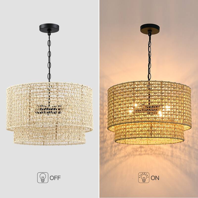 20 in. 4-Light Rattan Tiered Drum Chandelier Light with Black Canopy - 4-Light 20" W