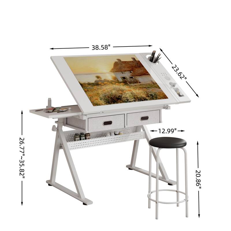 Adjustable drawing drafting table desk with 2 drawers for home office and school with stool (all white)