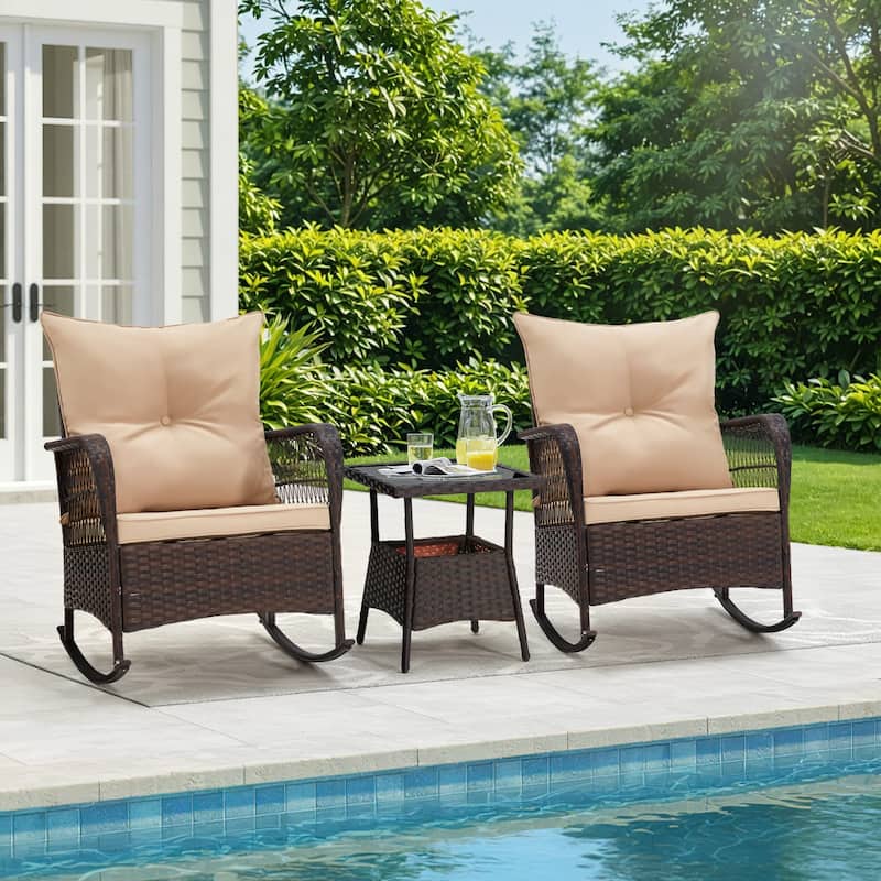 EROMMY 3-Piece Outdoor Rocking/Swivel Chair Set - PE Rattan Patio Furniture with Cushions & Coffee Table, Rocker Chairs