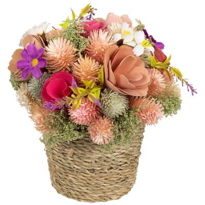 Wooden Mixed Floral Artificial Spring Arrangement with Pot - 7"