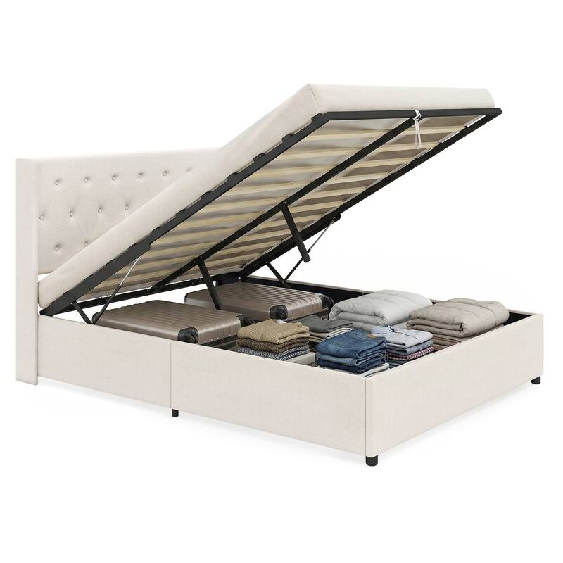 Gymax Queen Size Lift-up Storage Bed w/Tufted Wingback Headboard