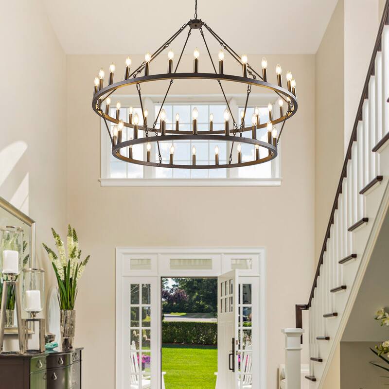 57.09'' 48 Light Candle Dimmable Two Tiers Wagon Wheel Chandelier Ceiling Lighting Fixtures