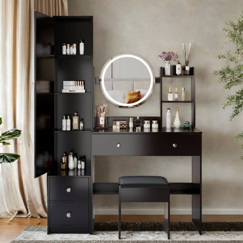 Vanity Set w/ 3-Color Light, Full Body Mirror Cabinet, Cushioned Stool