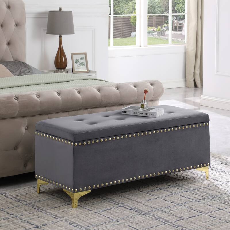 Grey Velvet Upholstered Storage Bench Bedroom End of Bed Bench with One Bench, Window Bench Ottoman Bench with Nail Trim