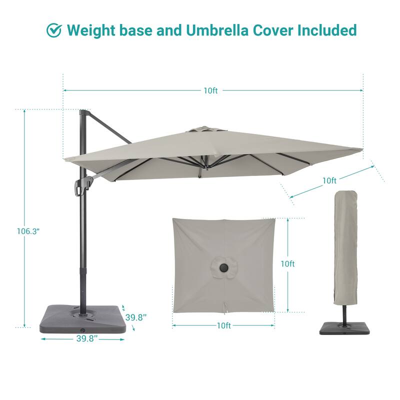 BONOSUKI 10x10FT Cantilever Patio Umbrella Infinite Angle Adjustment w/Base