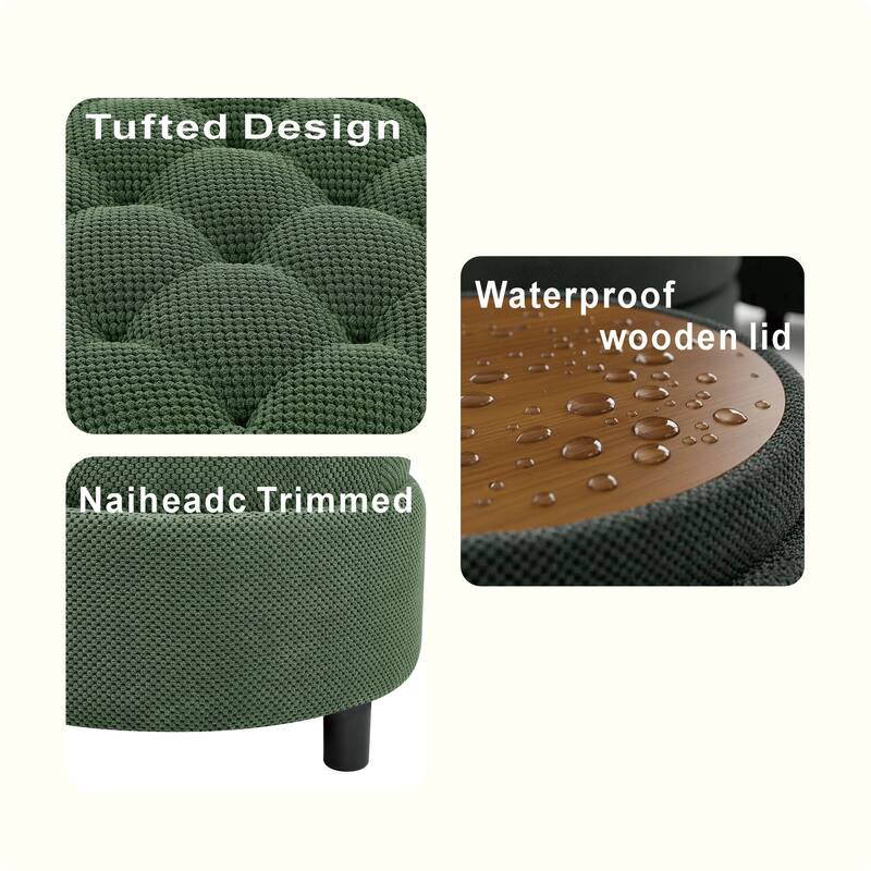 Round Storage Ottoman with Lift-Off Tray and Upholstered Fabric