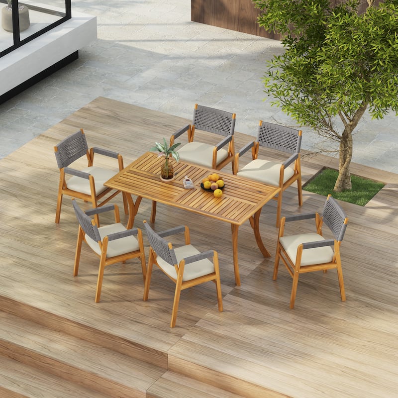 Holomn Outdoor 7-piece Acacia Wood Dining Set with Rope Chairs by Christopher Knight Home - Grey Rope Chair+Teak Finish Table