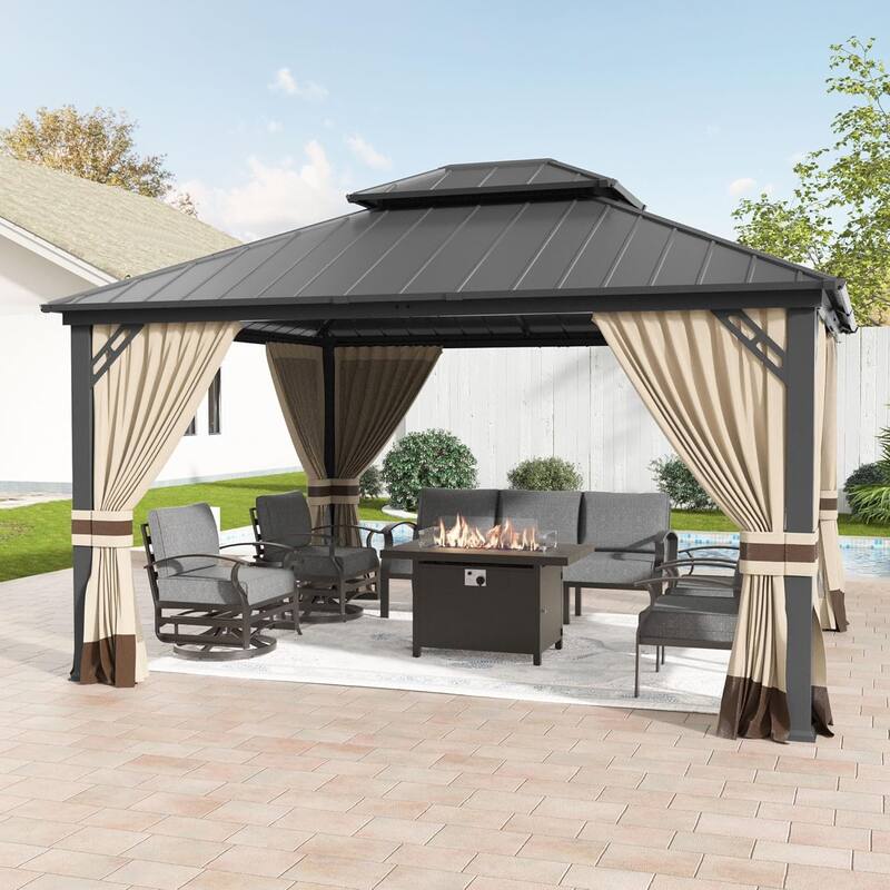Outdoor Hardtop Gazebo Galvanized Steel Roof & Aluminum Frame, Patio Canopy Pergola w/ Mosquito Net & Curtain - Sand - 12' x 14'