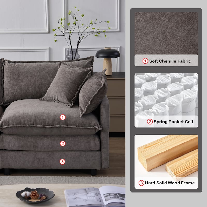 Chenille Upholstered L-shaped Sectional Sofa 3 Seater Modular Couch with Ottoman, Pillows and Double Layer Seat Cushions