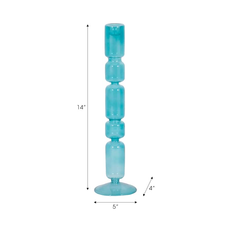 Glass Stacked Mix Bubble Taper Candle Holder - Blue