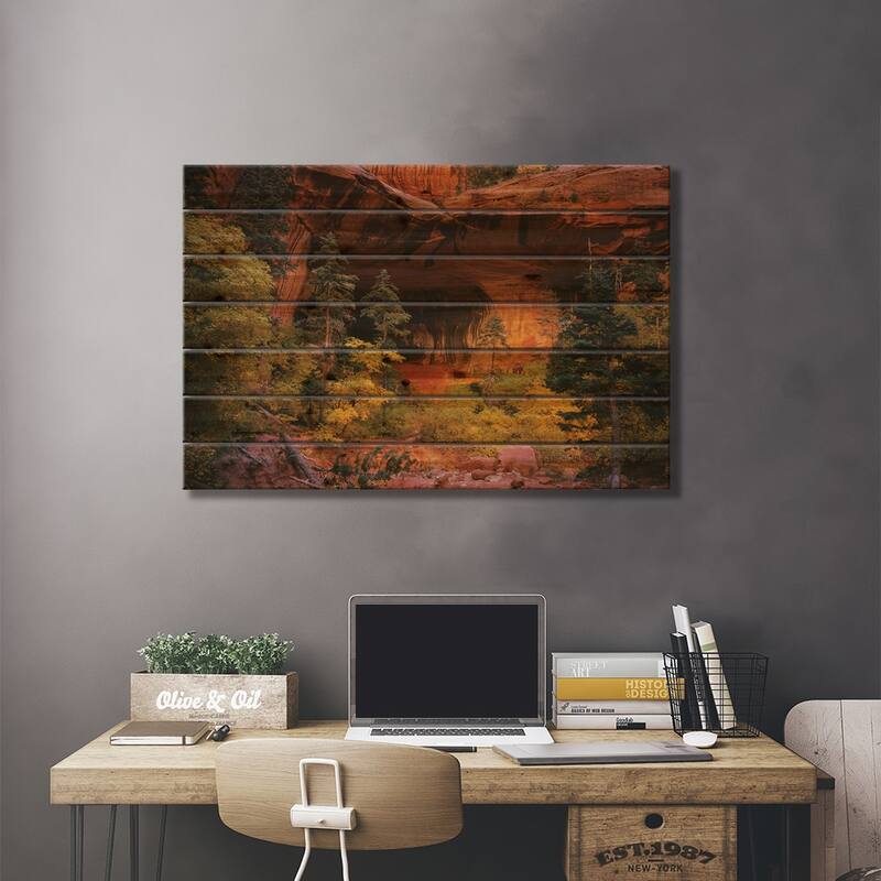 Trees in front of a cave, Zion National Park, Utah, USA Print On Wood by Panoramic Images - Multi-Color