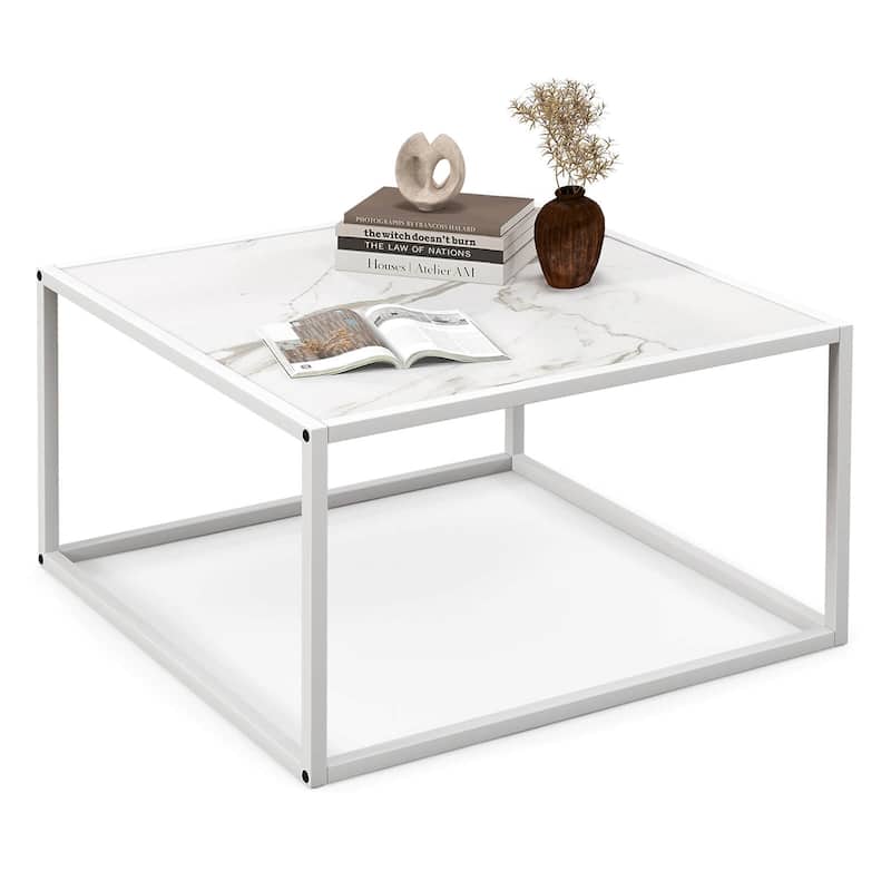 Costway Coffee Table Modern Rectangular Coffee Table Metal Frame For - 27.5'' x 27.5'' x 16'' - White