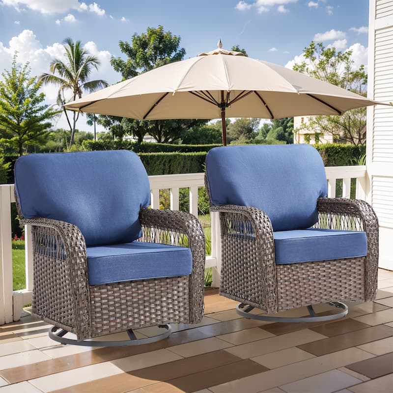 Pocassy Patio Outdoor Sofa Ottoman with Swivel Chair Table Funiture Set. - Brown Wicker Blue Cushion - 2-Piece Swivel Chair