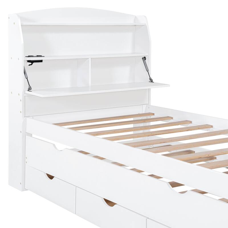Wooden Platform Bed with Pull Out Trundle Bed and Drawers, All-in-One LED Headboard with Charging Station and Flip Up Storage
