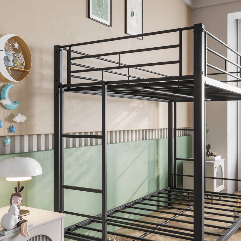 Heavy Duty Twin Over Twin Metal Bunk Bed with Shelf, Safety Rails & Slatted Support - No Box Spring Needed