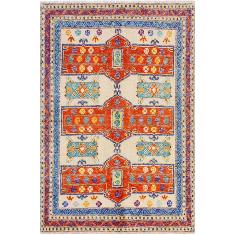 Rustic Balochi Sparks Beige/Orange Hand Knotted Wool Rug - 5'8'' x 7'7''