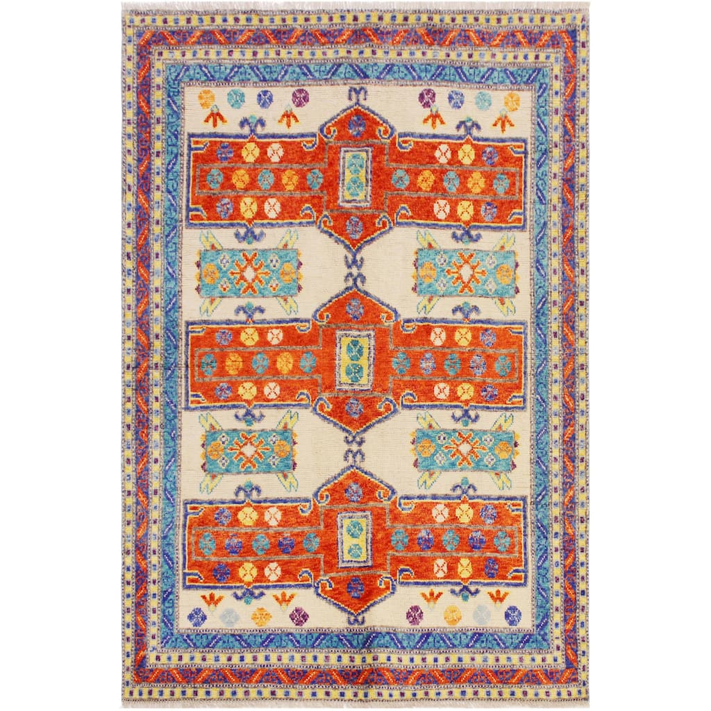 Rustic Balochi Sparks Beige/Orange Hand Knotted Wool Rug - 5'8'' x 7'7''