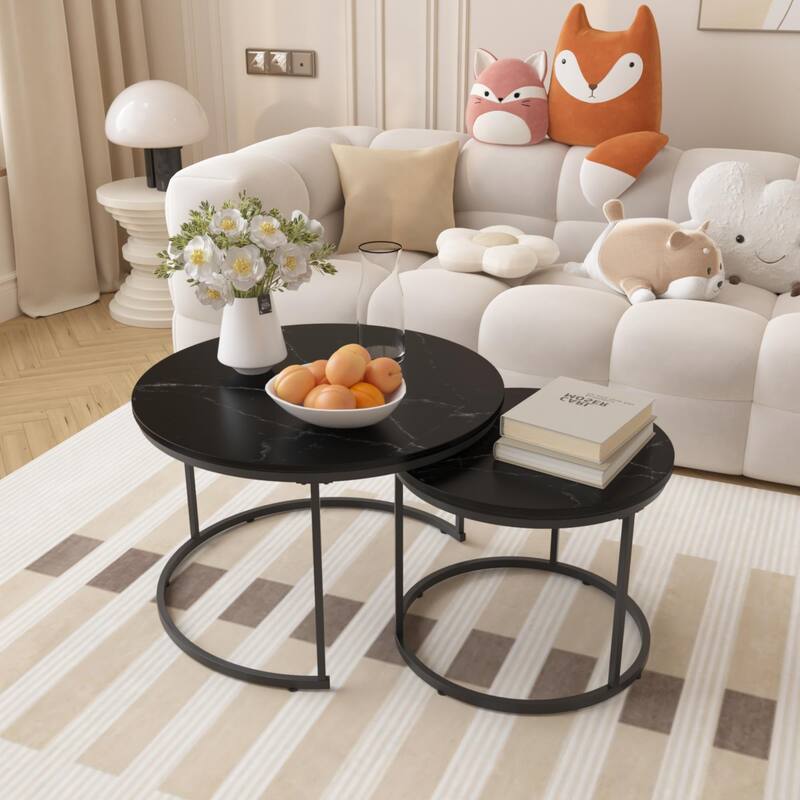 Anmytek Round Nesting Coffee Table Set 2 Piece Wood and Metal Side Tables for Living Room - Black