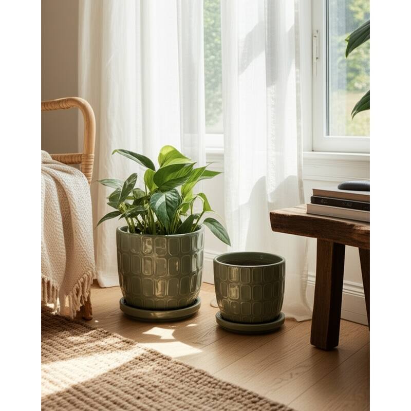 Stoneware Saucer Planters with Embossed Geometric Texture (Set of 2)