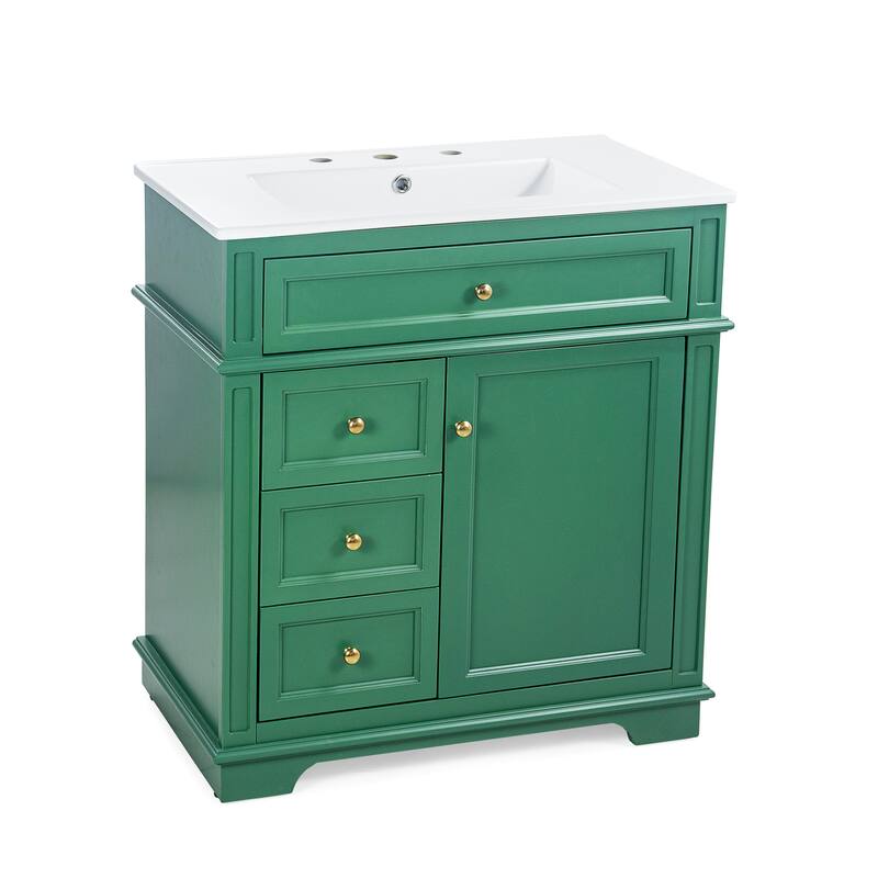 30" Bathroom Vanities with Ceramic Sink Set, Tip-Out Drawers, Storage Cabinet with Door Shelf and Soft-Closing Doors
