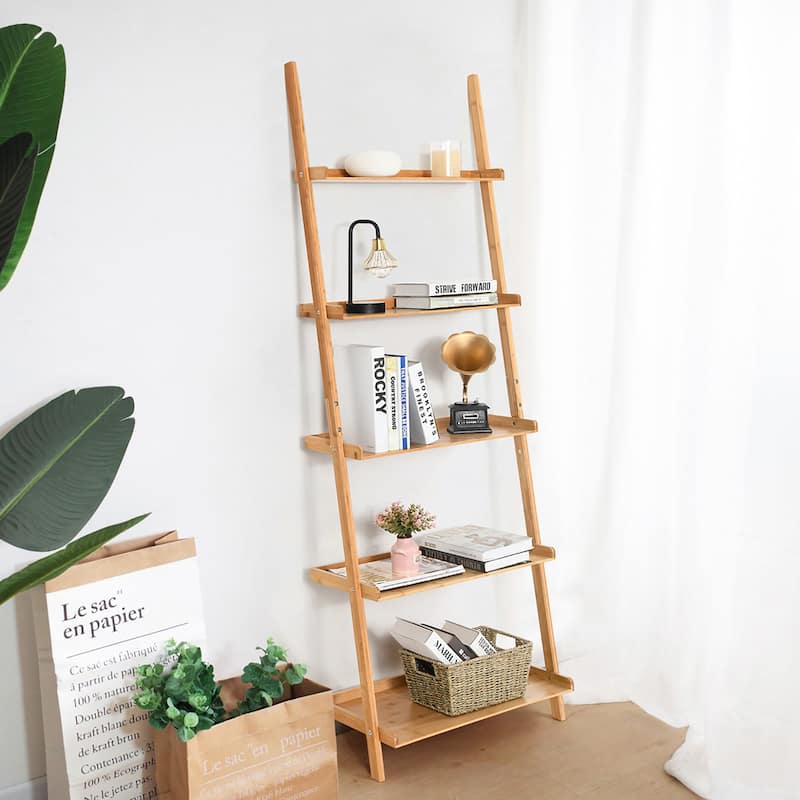 Costway 5-Tier Ladder Shelf Bamboo Bookshelf Wall-Leaning Storage - See Details