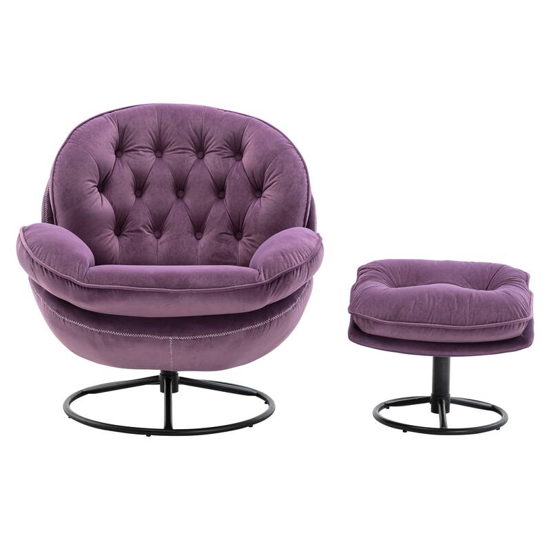 Velvet Swivel Accent Chair with Ottoman & Metal Legs (360° Rotation)