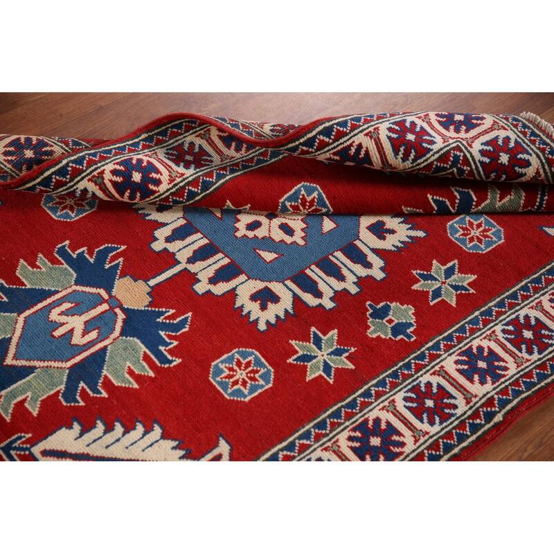 Geometric Red Kazak Accent Rug Handmade Traditional Wool Carpet - 3'4"x 4'11"
