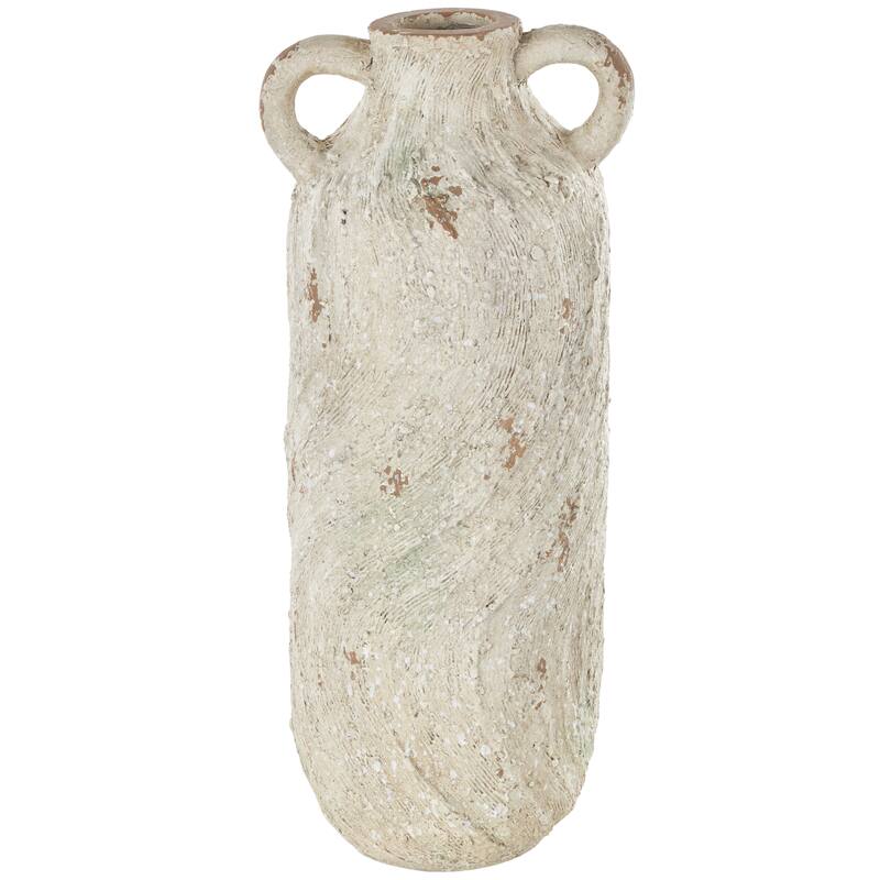 Cream Magnesium Oxide Antique Textured Amphora Vase with Brown Distressing