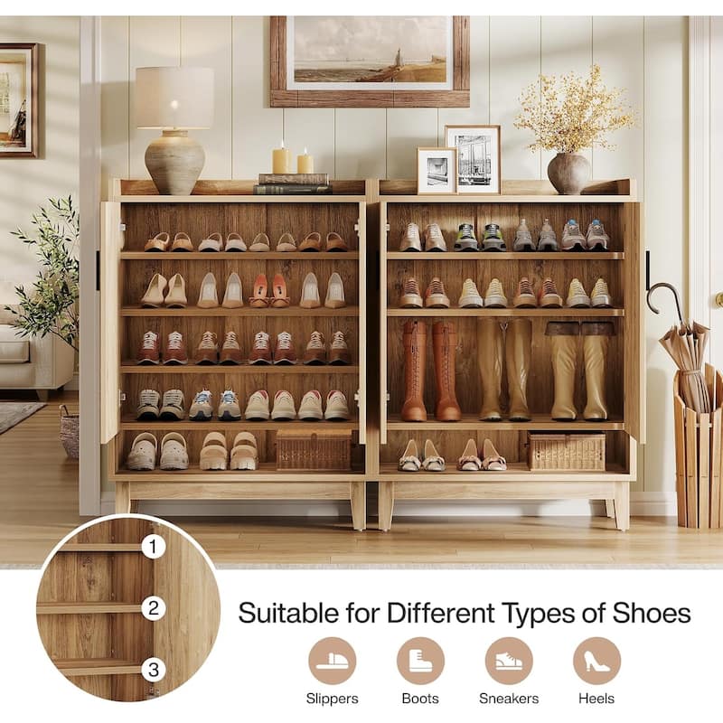 20-Pair Farmhouse Shoe Organizer Rack Storage Cabinet with Doors for Entryway Hallway Closet, Natural