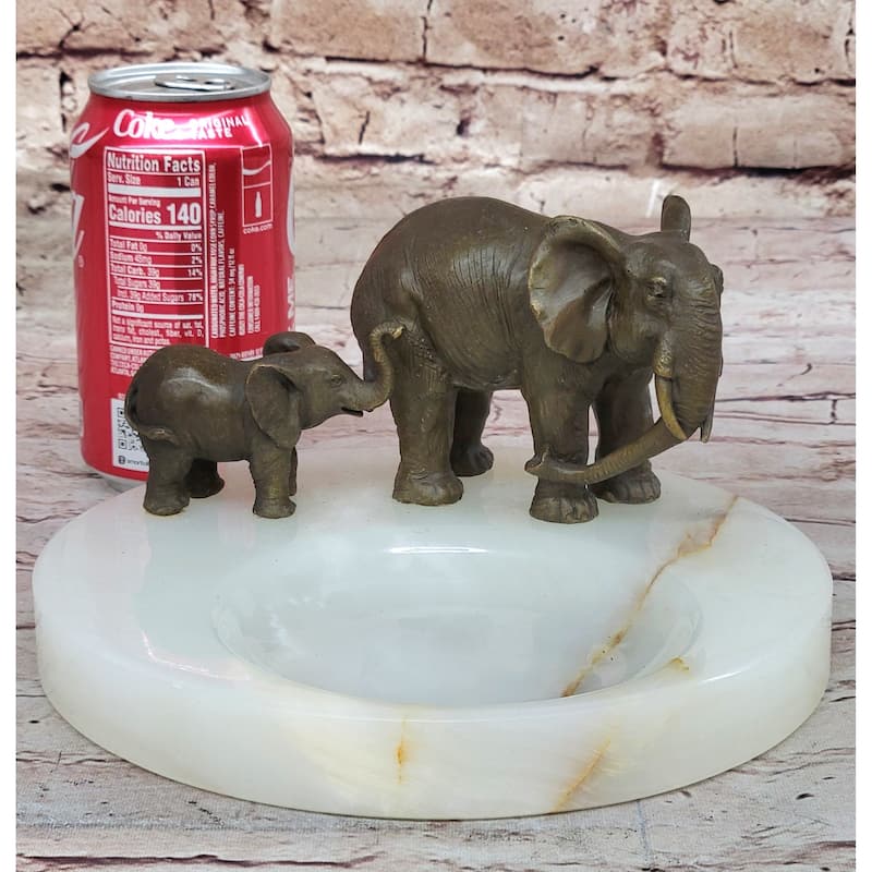 Bronze Metal Imitative Elephant Mother Calf On Marble Soap Dish Ashtray