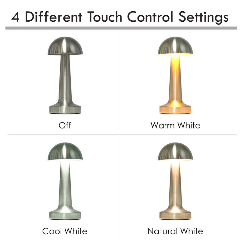 8.88" Touch-Control Mushroom LED Lamp Cordless Rechargeable Table Light with Adjustable Brightness - 4”L x 4”W x 8.88”H