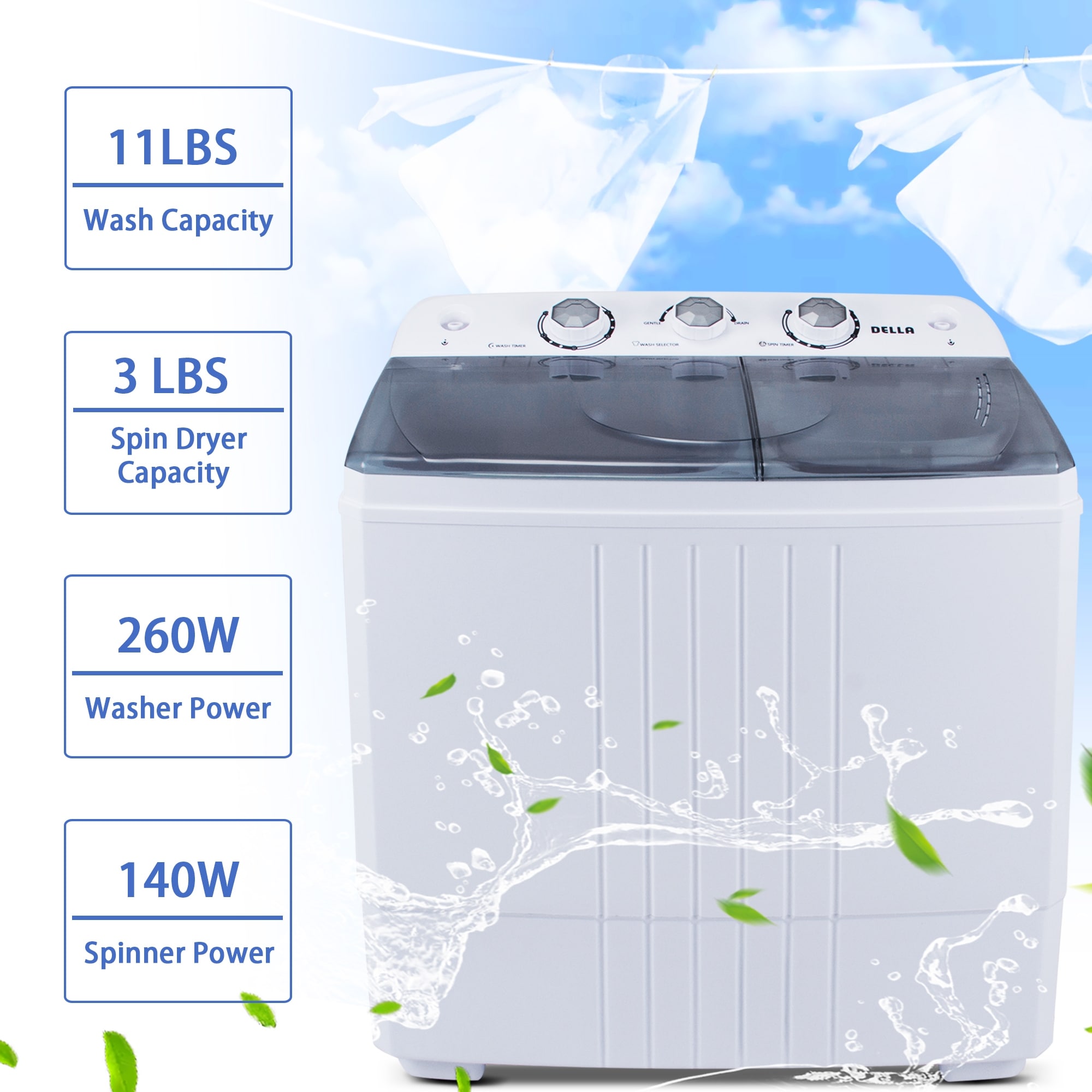 Della small compact portable washing machine 11lbs on sale capacity with spin dryer