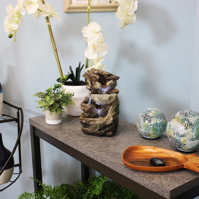 Sunnydaze Tiered Rock and Log Tabletop Fountain with LED Lights - 10.5-Inch