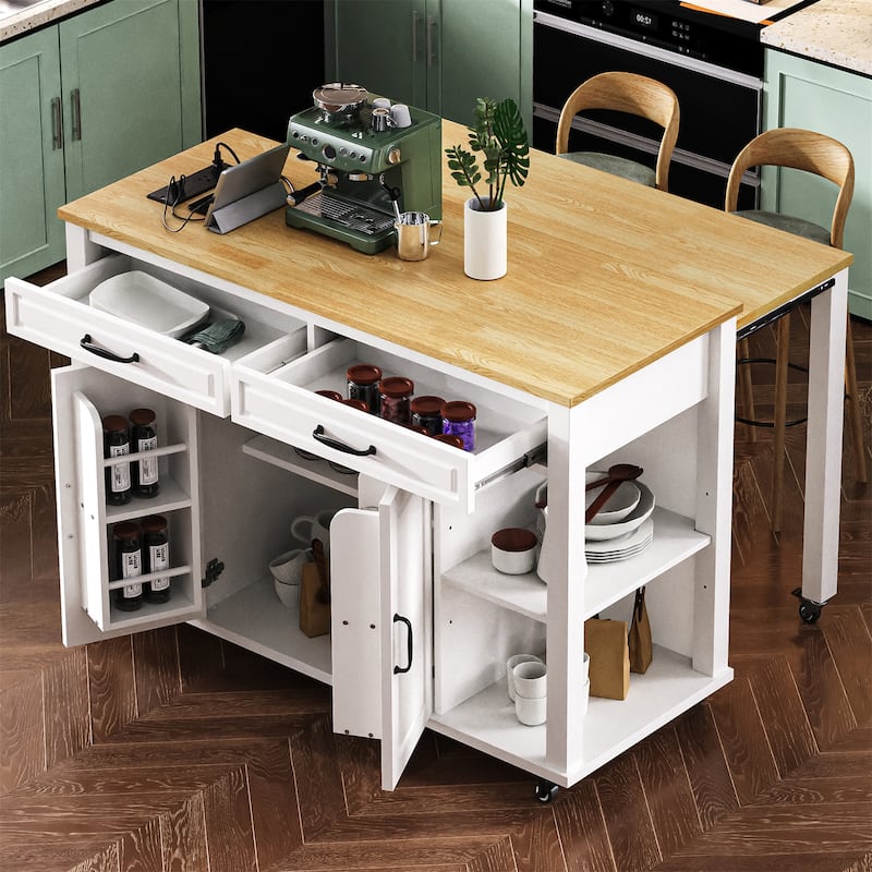 47" Wood Rolling Kitchen Island with Extendable Top,Rack,Power Outlet
