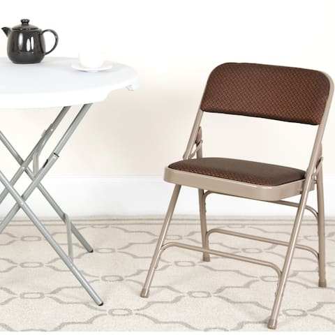 Classic Metal Frame Folding Chairs with Brown Patterned Fabric Upholstery