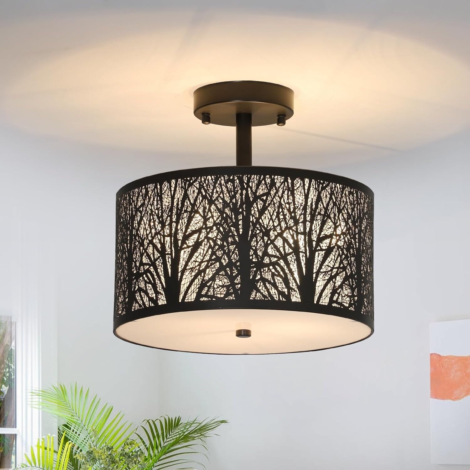 Miumaeov 3-Light Semi Flush Mount Ceiling Light Fixture 11\" Modern Drum Light Fabric Shade Close Ceiling Lighting Hanging Lamps Living Room Dining Roo