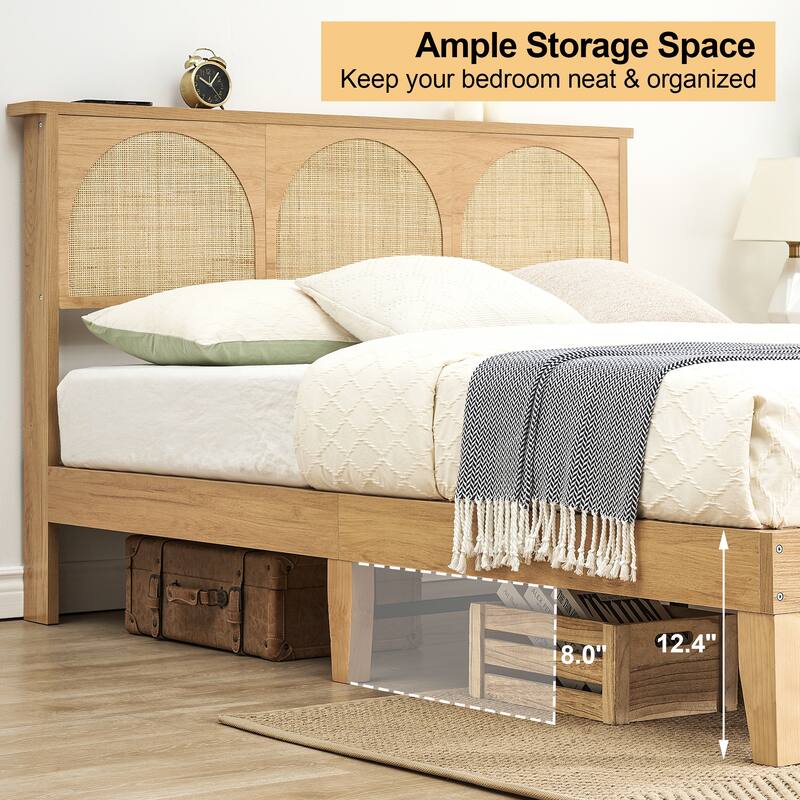 Ail Modern Wooden Platform Bed Frame Queen Size with Natural Rattan Headboard