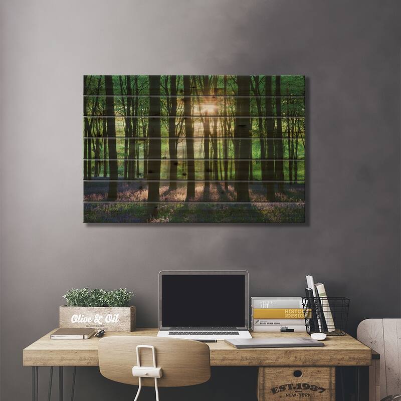 Bluebell Woodland Print On Wood by Adam Burton - Multi-Color