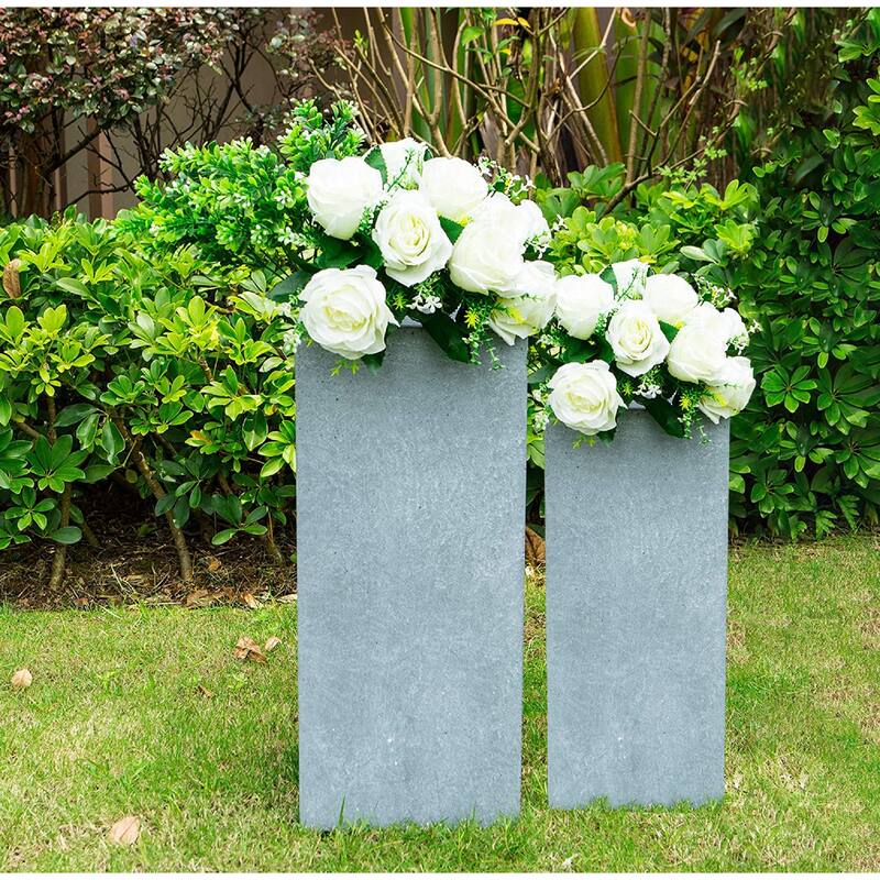 28" and 24"H Square Slate Gray Concrete/Fiberglass Indoor Outdoor Modern Seamless Tall Planters (Set of 2)