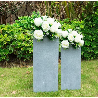 28" and 24"H Square Slate Gray Concrete/Fiberglass Indoor Outdoor Modern Seamless Tall Planters (Set of 2)