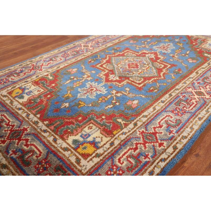 Blue Geometric Heriz Serapi Indian Foyer Rug Handmade Wool Carpet - 3'0"x 5'1"