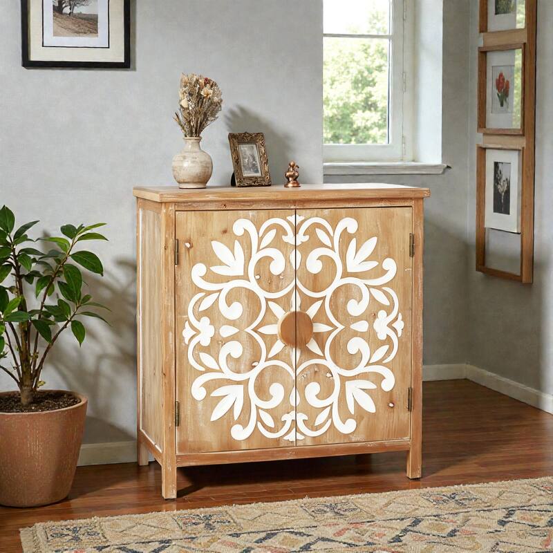 Rustic Wooden Accent Cabinet with Floral Carved Doors, 2-Door Storage Sideboard for Living Room