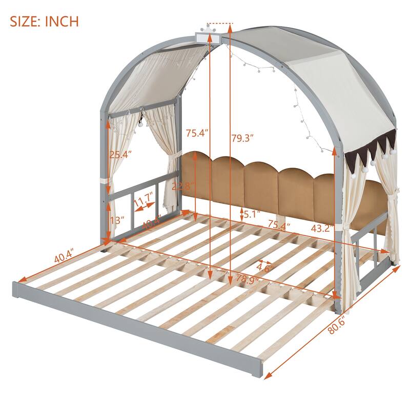 Wood Twin Size Bed Frame with Arched Roof, Floor Bed with Light and Curtain, Pull-out Kids Bed for Girls Boys Bedroom