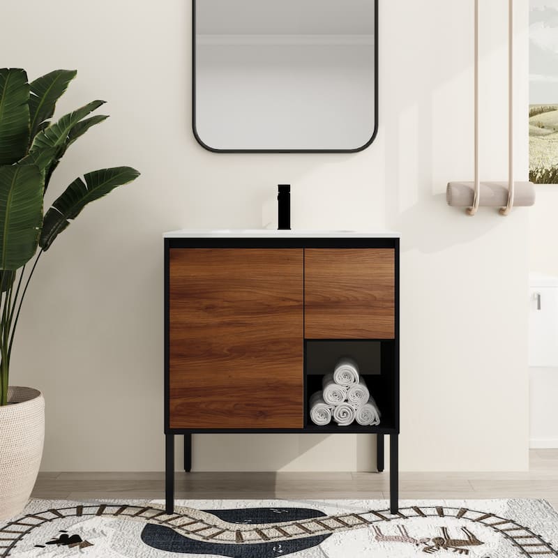 Malwee 30" FreeStanding Bathroom Vanity with Sink,Floor Stand Bathroom Vanity with Soft Close Door & Drawer and Open Shelf - Colored - 29.8"×18.1"×34.8" - Brown