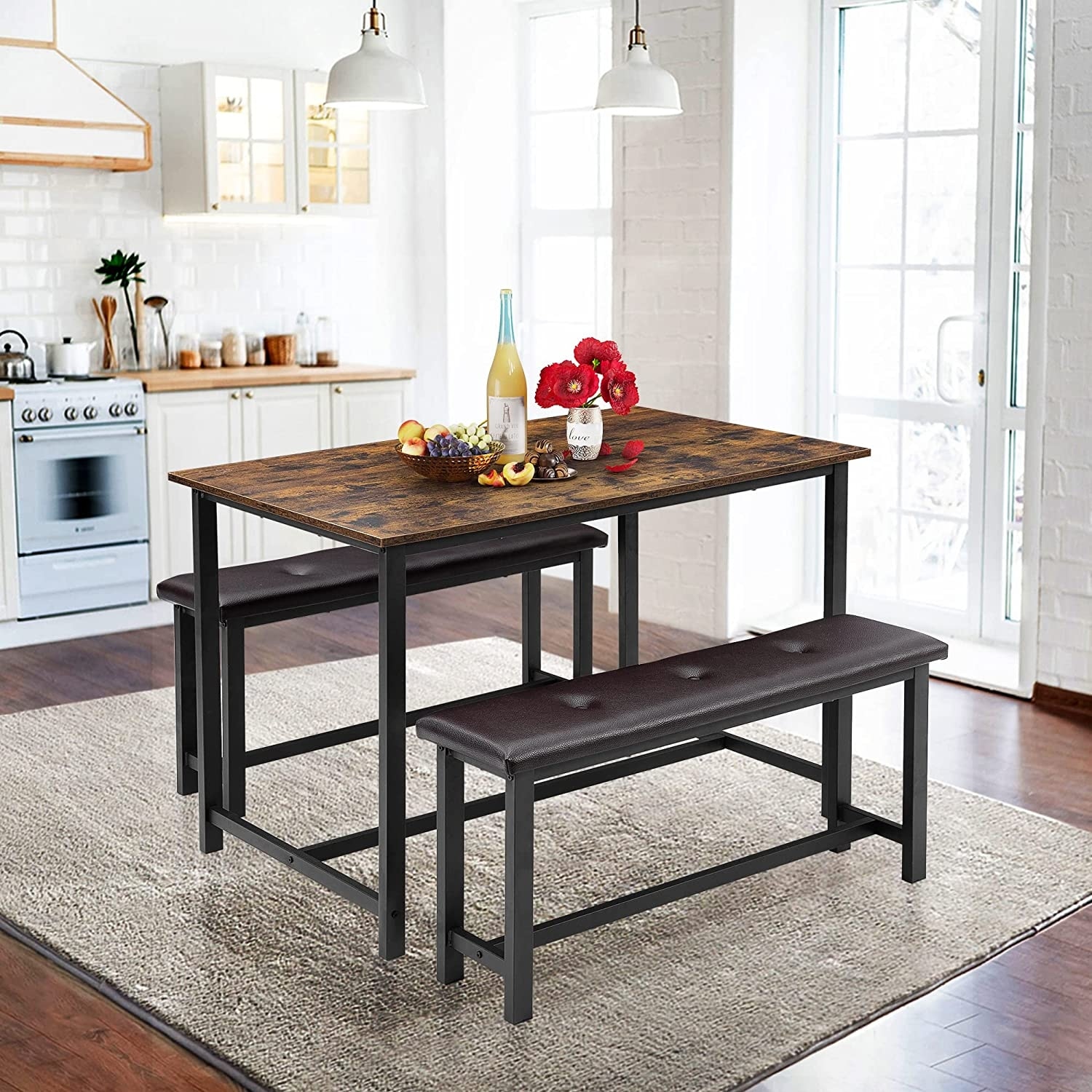 3 Piece Rectangular Dining Table for 4 with Upholstered Benches